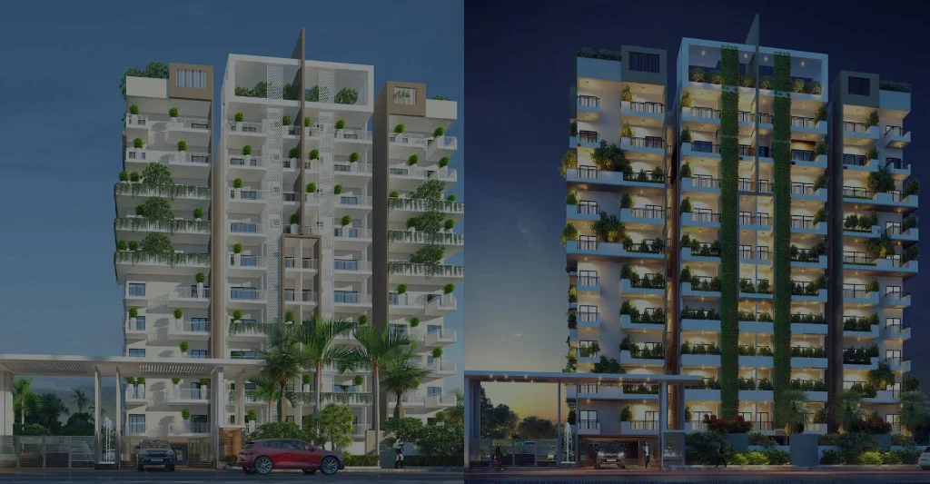 Residential towers seen from the approach road.