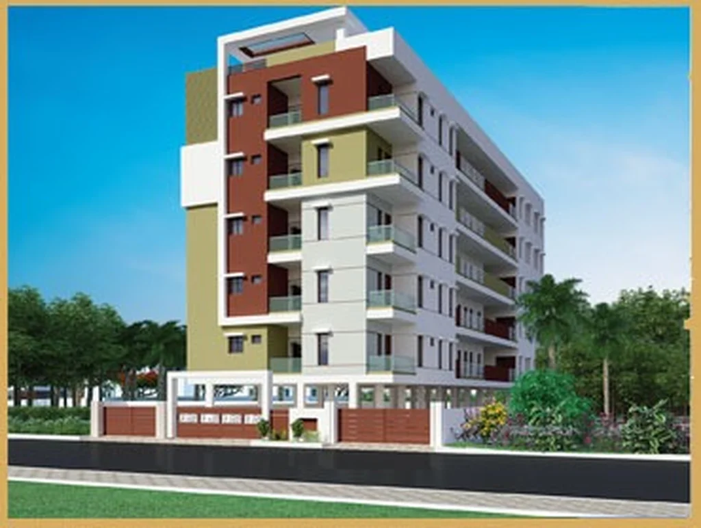 Residential block with landscaped frontage and compound wall.