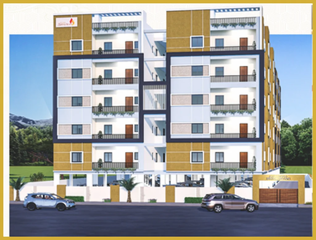 Gated entrance and elevation of a residential block.