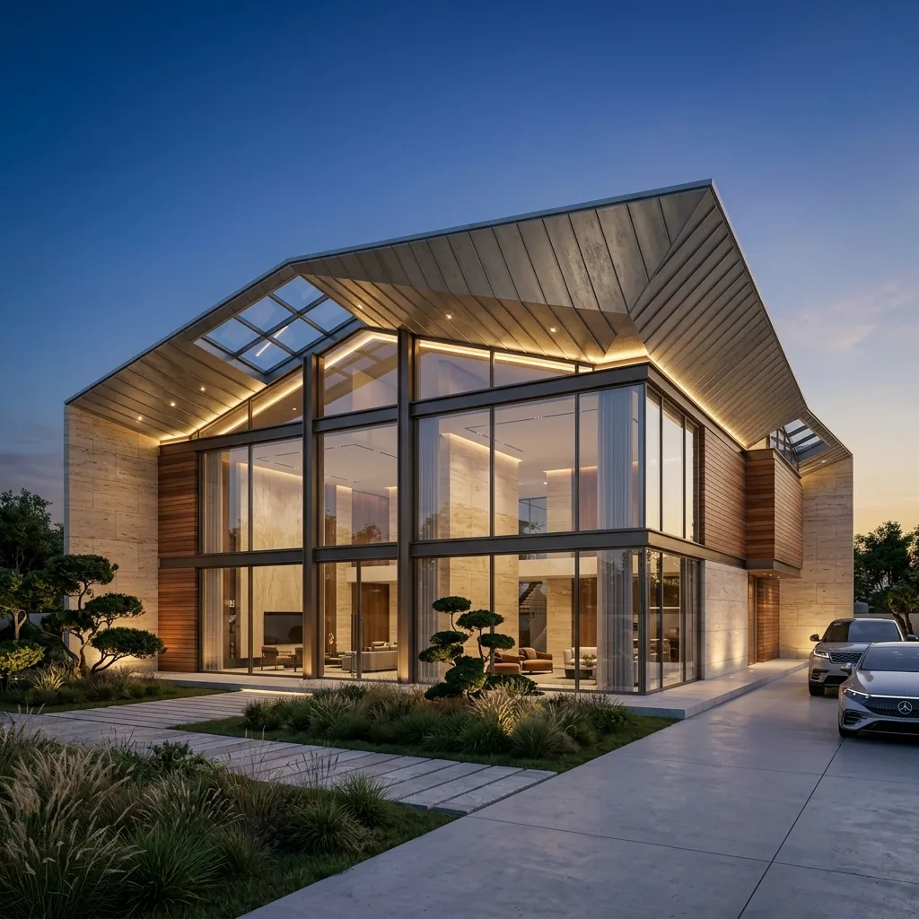 Architectural render of Leonard Oxy Villas at dusk.