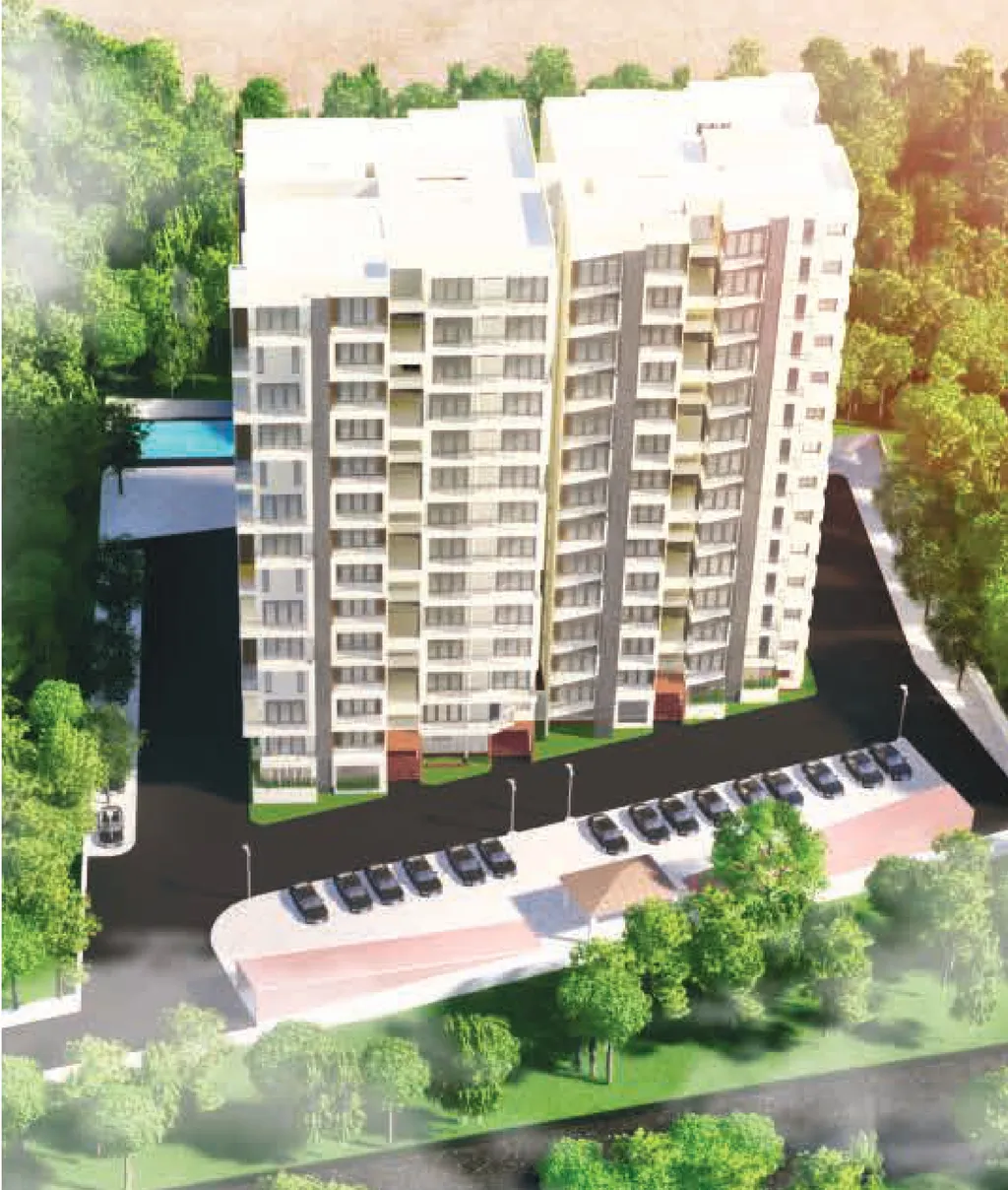 Aerial render showing the parking court and landscaped surroundings.