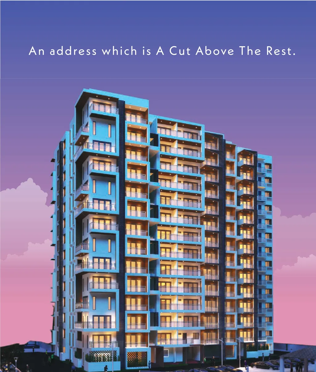 Evening elevation render with lit balconies.